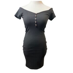 Popular 21 Bodycon Dress Womens Small Black Ribbed Off Shoulder Mini DY7194